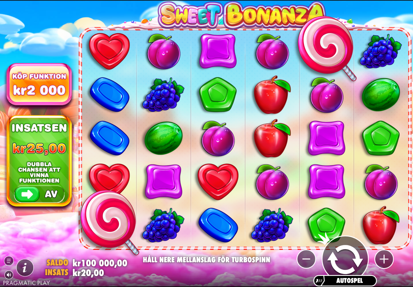 Sweet Bonanza med svensk meny och virtuellt saldo