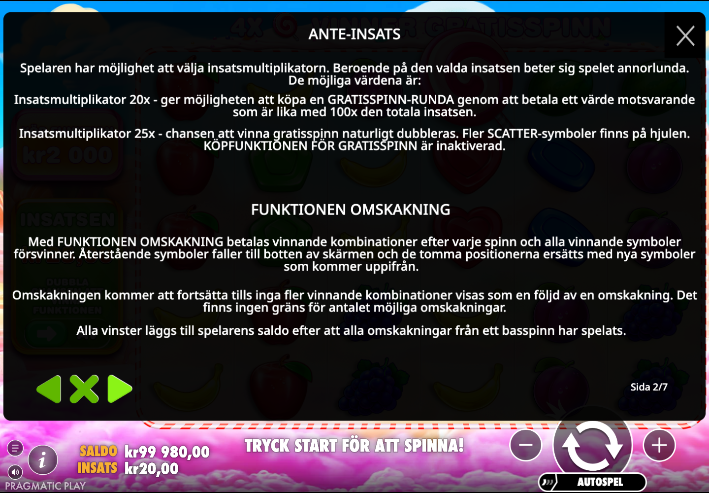 Regler för ante-insats och fallande symboler